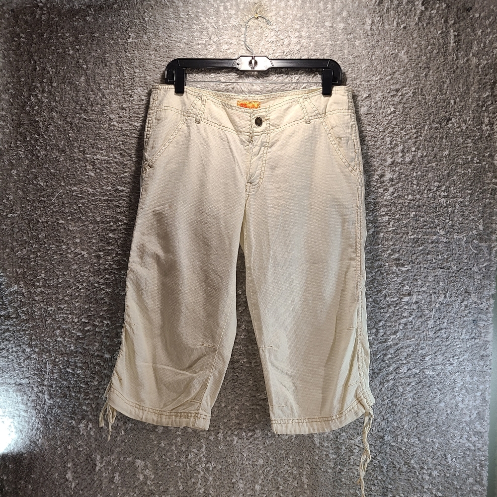 Twill Twenty Two Womens Crop‎ Pants Beige Size 27 Linen Cotton Hem Ties READ